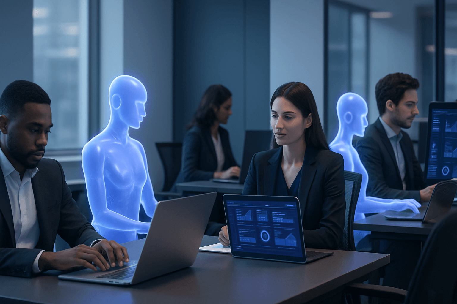 AI staffing agency — professional team working with AI assistants